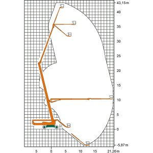 Diagrama com dimensões de trabalho da plataforma de trabalho articulada telescópica SGT 43 KA I